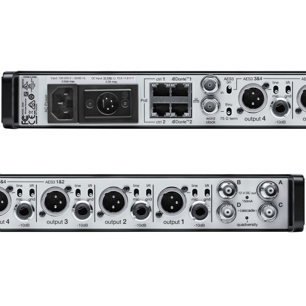 Shure AD4Q Axient Digital 4-Channel Digital Wireless Rack Receiver w/ DC XLR 4-Pin Power